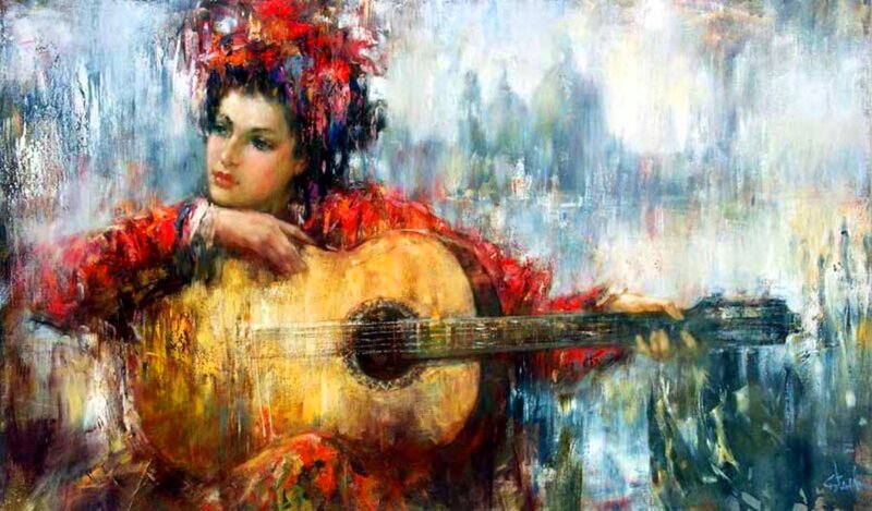 Woman Playing Guitar — Red, Dramatic, Painting