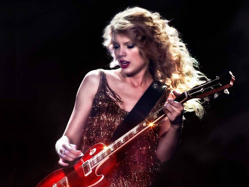 Woman Playing Guitar — Red, Dramatic, Photograph