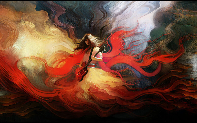 Woman Playing Guitar — Red