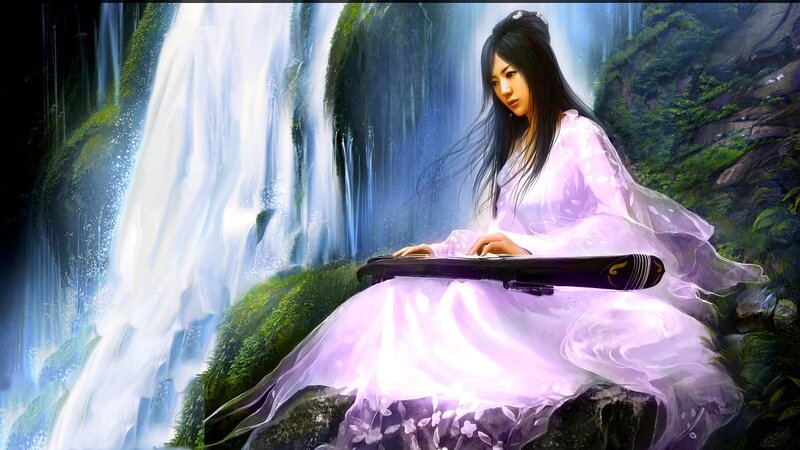 Woman playing guqin by waterfall