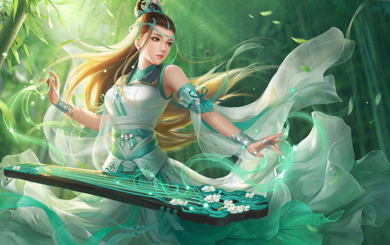 Woman Playing Guqin — Green