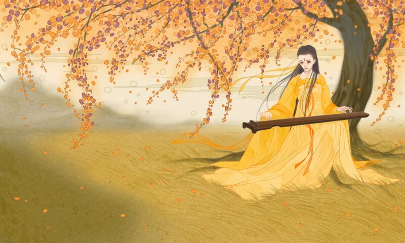 Woman Playing Guqin — Yellow