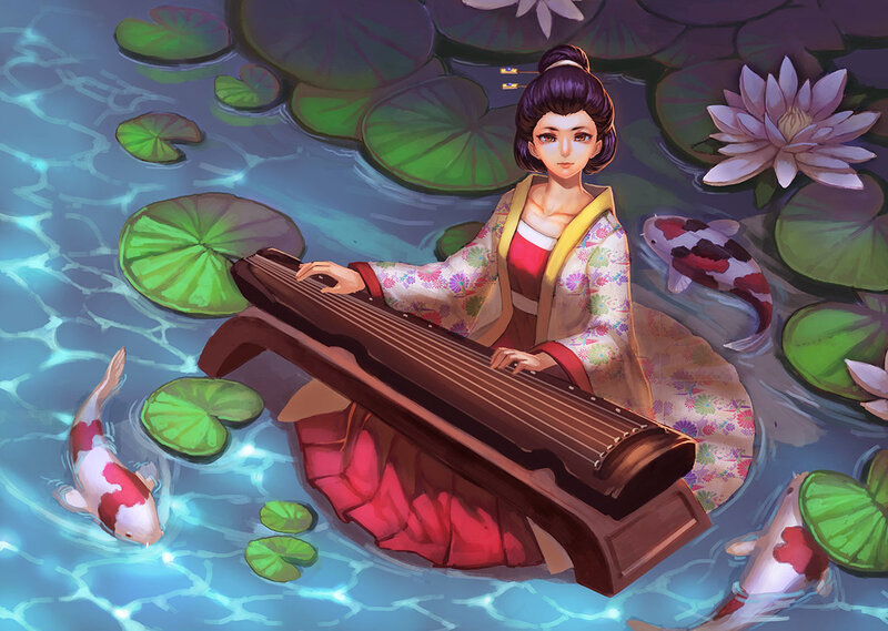 Woman Playing Guzheng — Blue