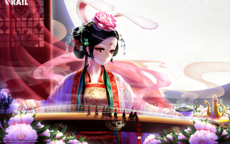 Woman Playing Guzheng — Pink, Serene, Digital Art