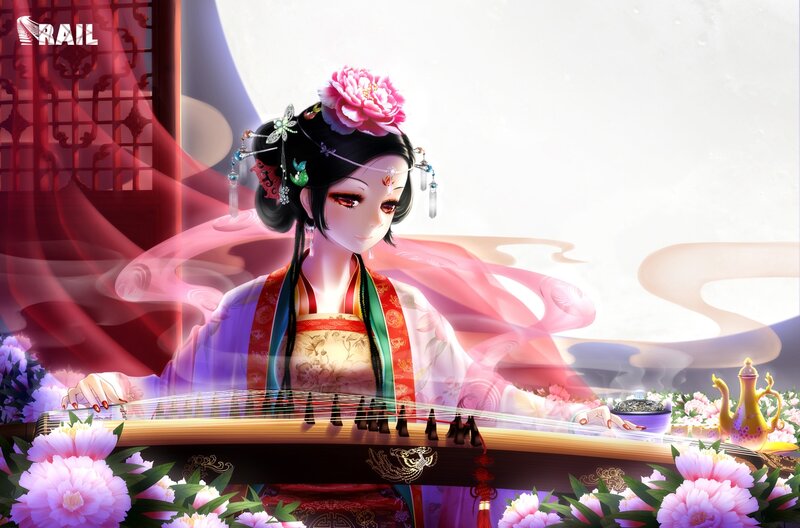Woman Playing Guzheng — Pink, Serene