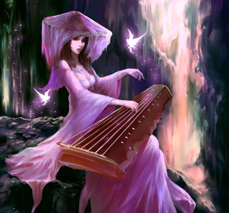 Woman Playing Guzheng — Purple