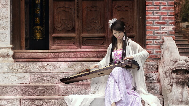 Woman Playing Guzheng — White