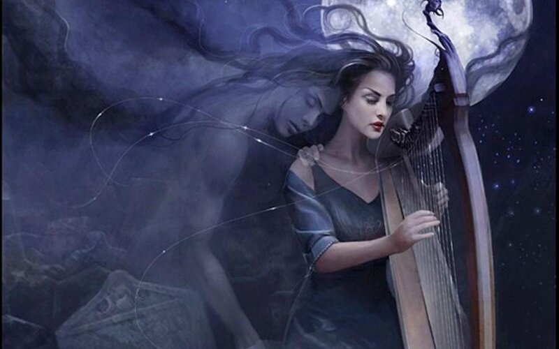 Woman Playing Harp — Blue, Dramatic, Night, Digital Art
