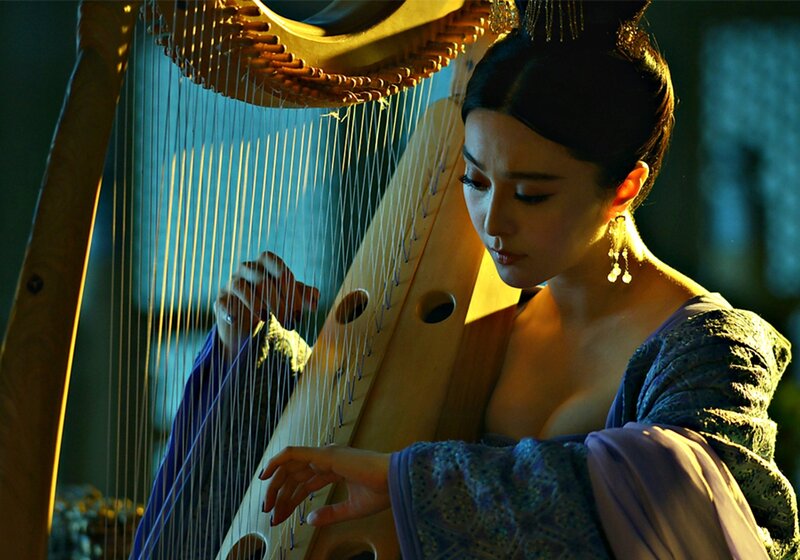 Woman Playing Harp — Blue, Dramatic, Night, Photograph