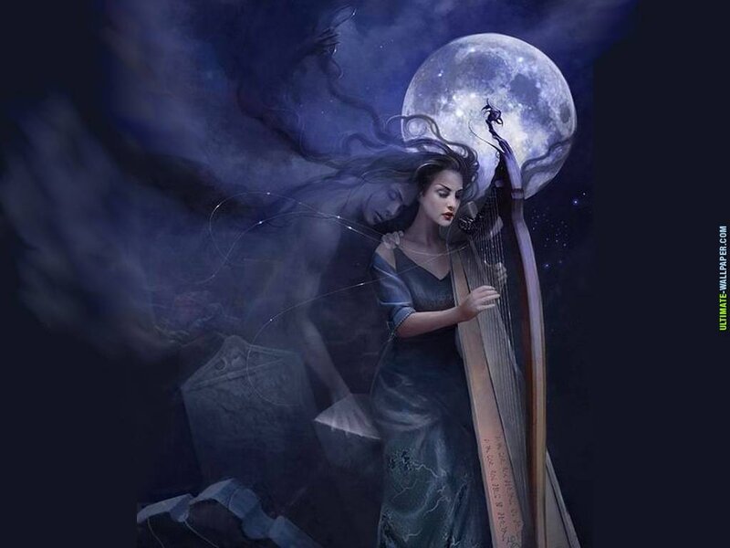 Woman Playing Harp — Blue, Dramatic