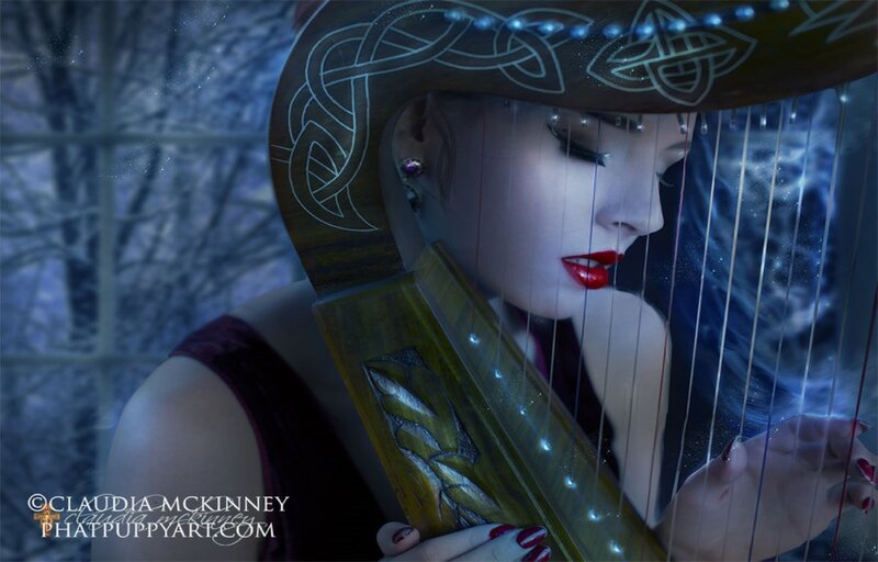Woman Playing Harp — Blue, Dramatic, Winter