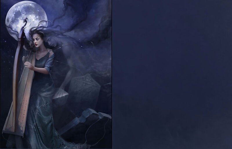Woman Playing Harp — Blue, Mysterious