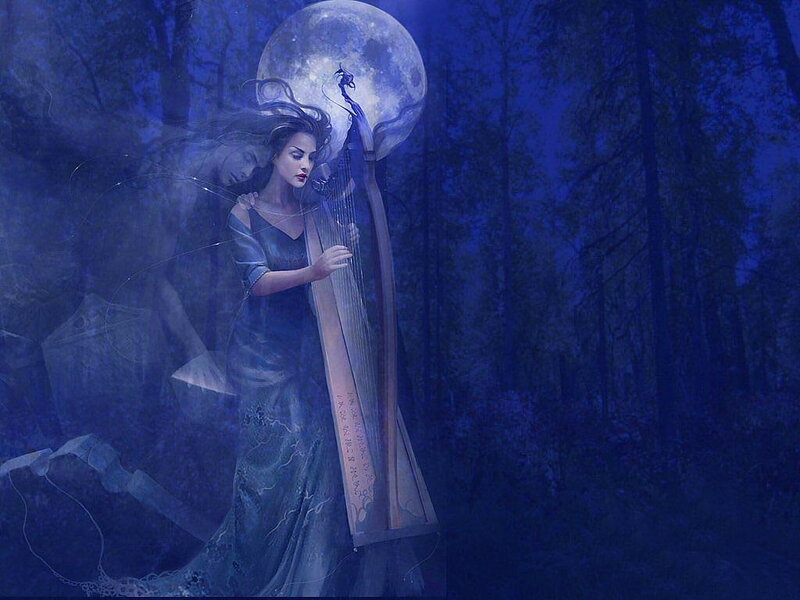 Woman Playing Harp — Blue, Mystical, Night, Digital Art, Moon, Forest