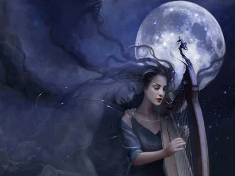Woman Playing Harp — Blue, Mystical, Night