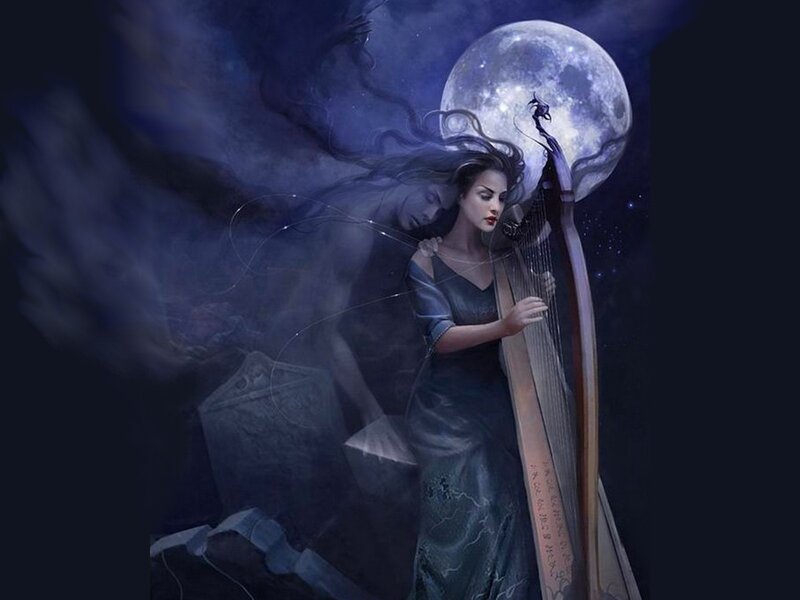 Woman Playing Harp — Blue, Mystical