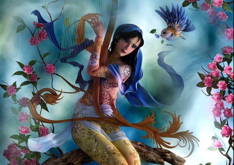 Woman Playing Harp — Blue, Serene, Digital Art