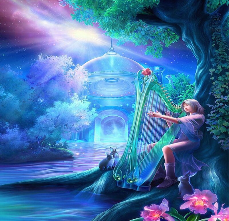 Woman Playing Harp — Blue, Serene, Night, Digital Art, Bunnies