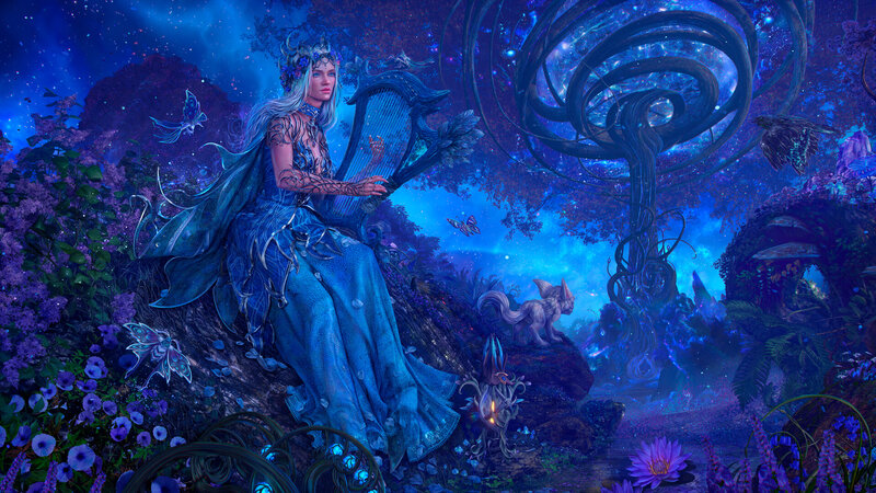 Woman Playing Harp — Blue, Serene, Night, Digital Art, Butterflies, Fox