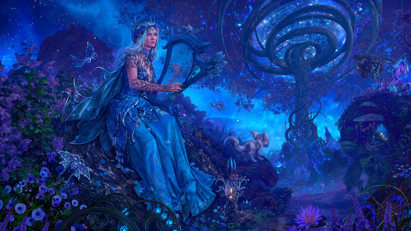 Woman Playing Harp — Blue, Serene, Night, Digital Art, Butterflies