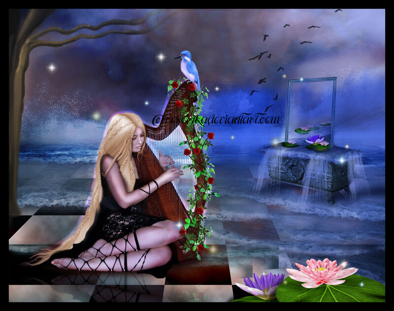Woman Playing Harp — Blue, Serene, Night