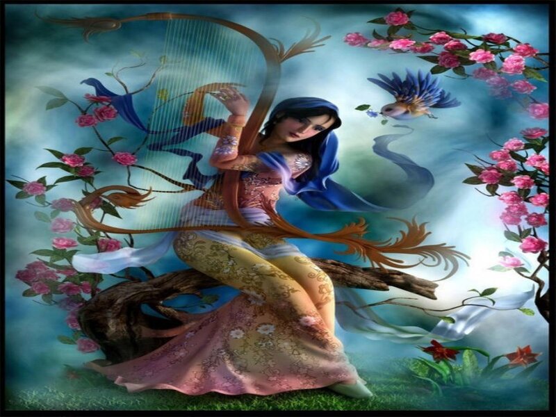 Woman Playing Harp — Blue, Serene, Spring