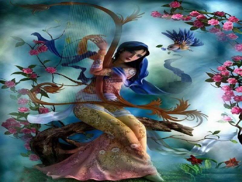 Woman Playing Harp — Blue, Serene