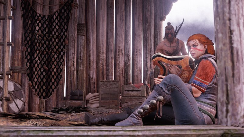 Woman Playing Harp — Brown, Dramatic, 3d Render
