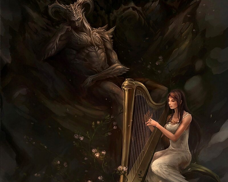 Woman Playing Harp — Brown, Dramatic, Night