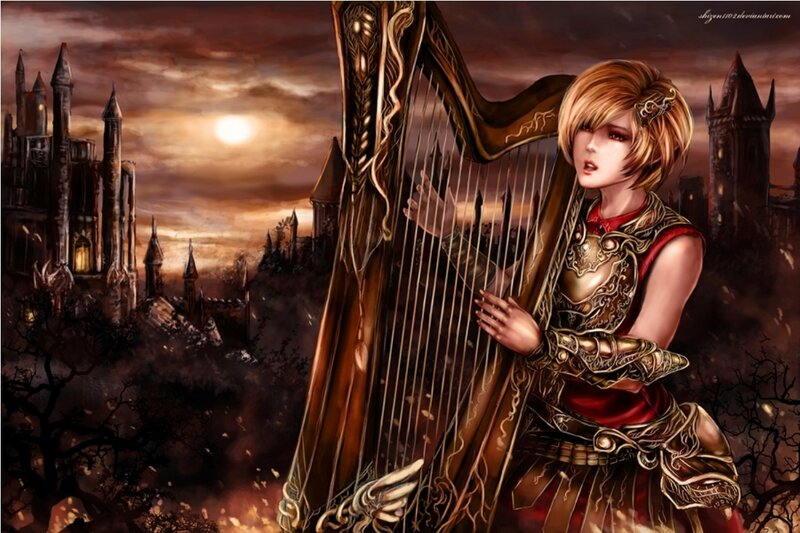 Woman Playing Harp — Brown, Dramatic