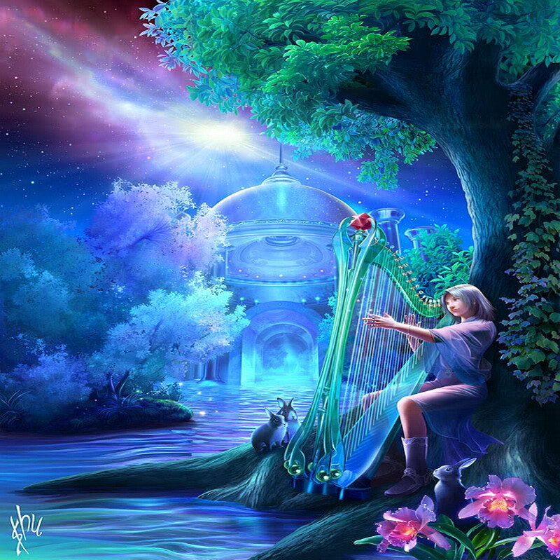 Woman playing harp by a lake