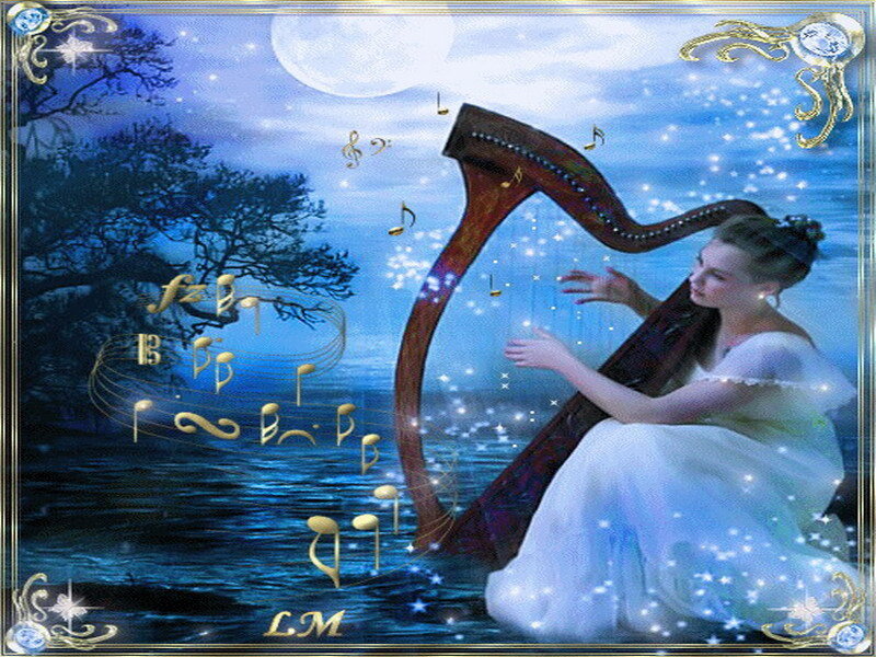 Woman playing harp by moonlight