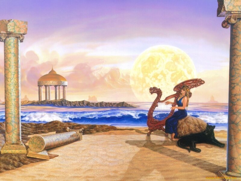 Woman playing harp by the sea