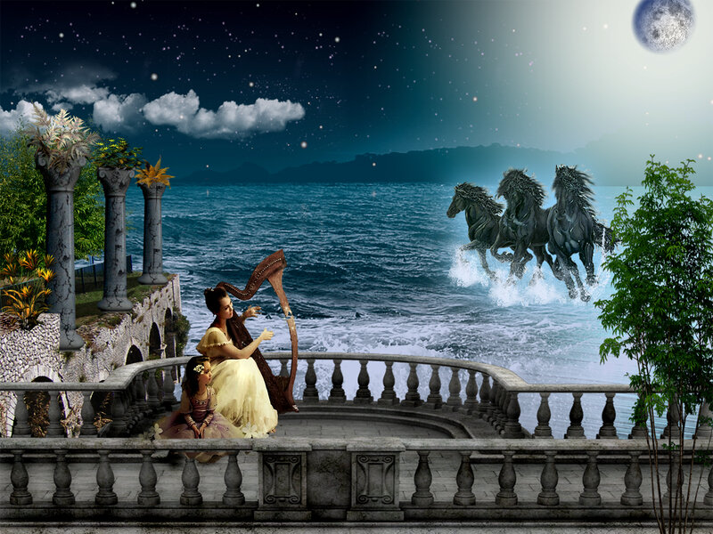Woman playing harp by the sea