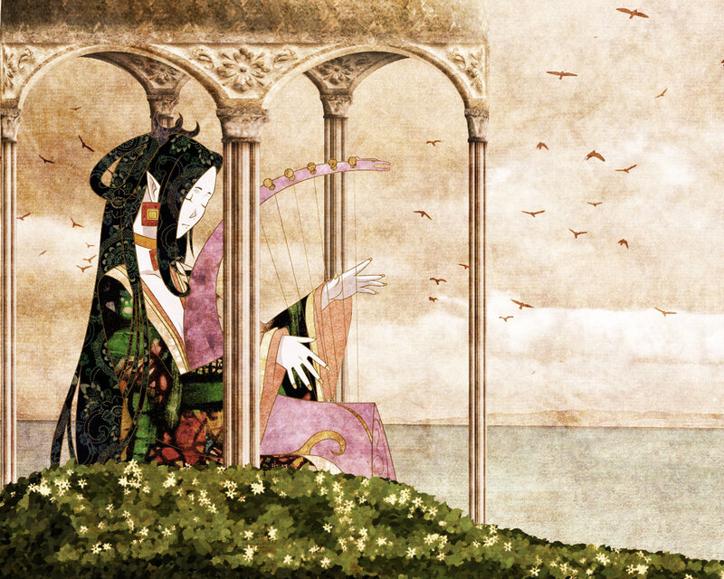 woman playing harp by the sea