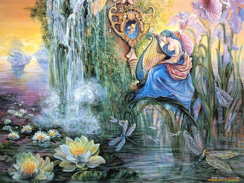 Woman Playing Harp by Waterfall