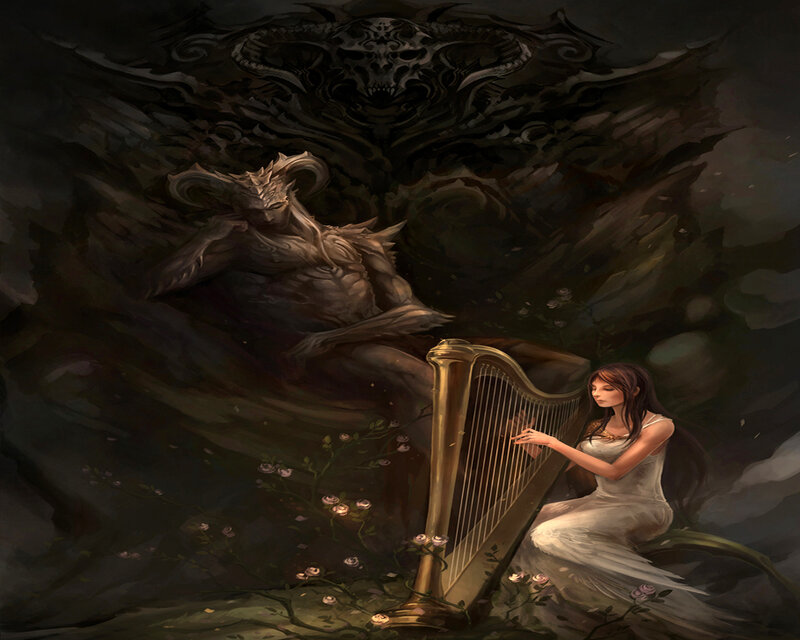 Woman playing harp for demon
