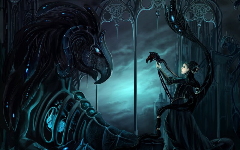 Woman Playing Harp for Dragon