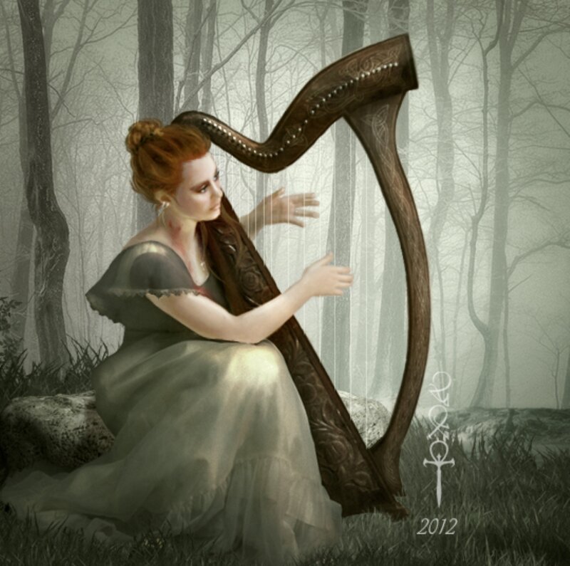 Woman Playing Harp — Green, Mysterious
