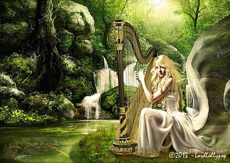 Woman Playing Harp — Green, Serene, Afternoon, Digital Art