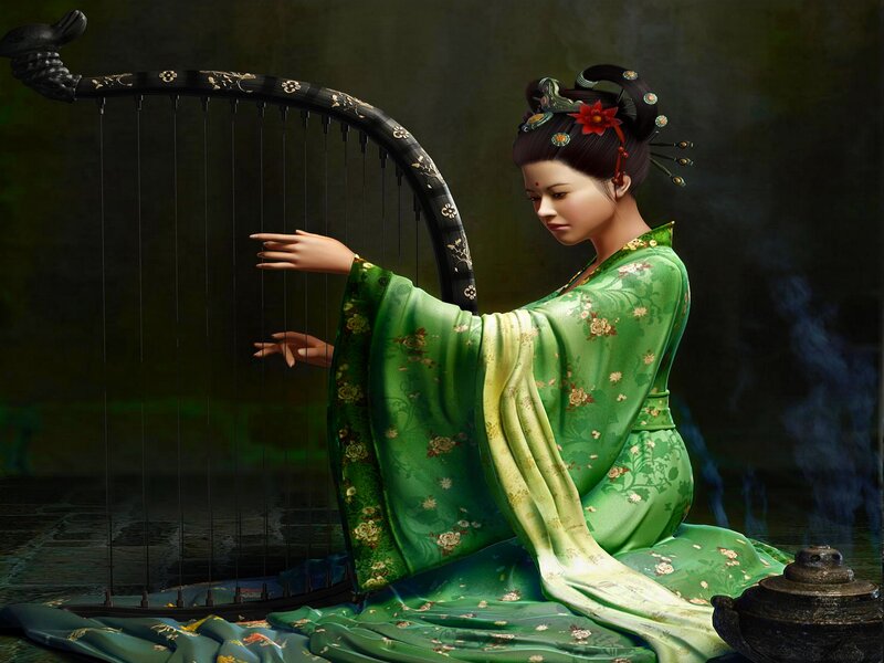 Woman Playing Harp — Green, Serene