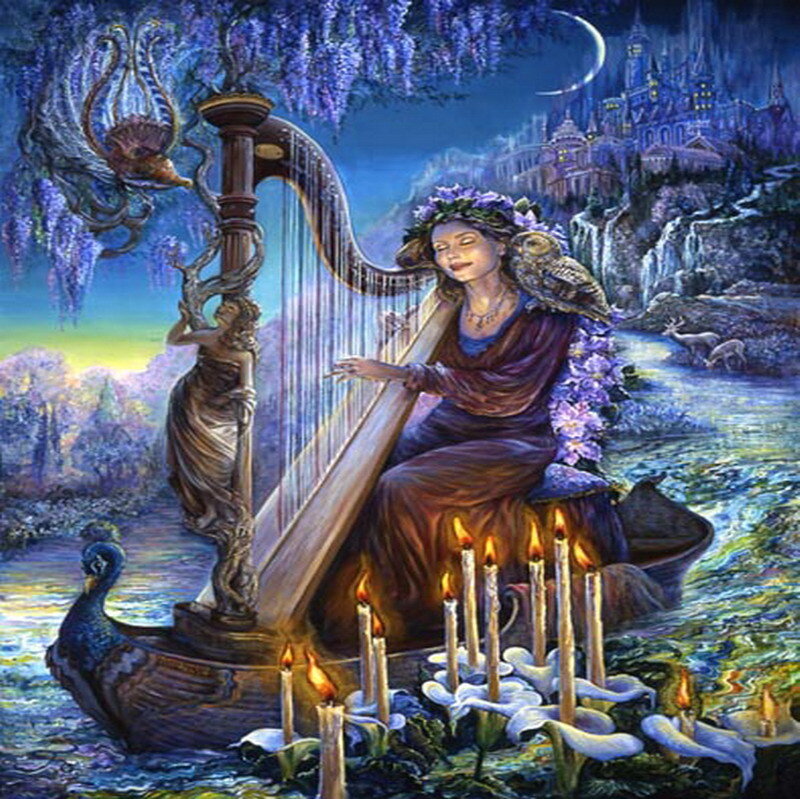 Woman playing harp in a boat