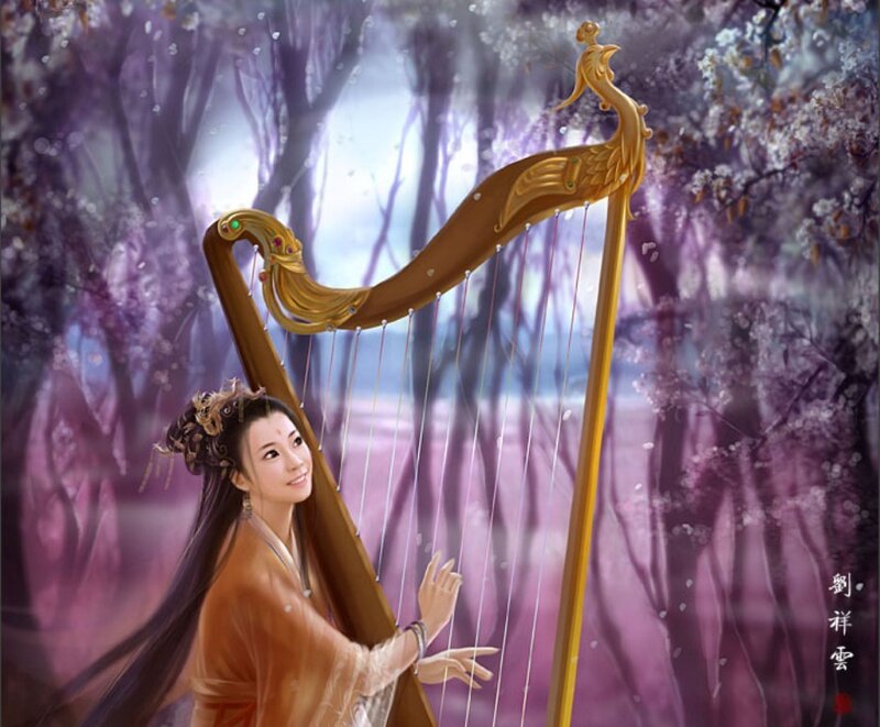 Woman playing harp in a forest