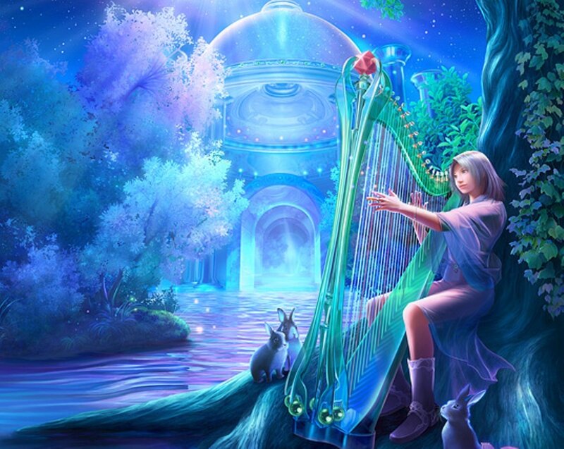 Woman playing harp in a magical forest