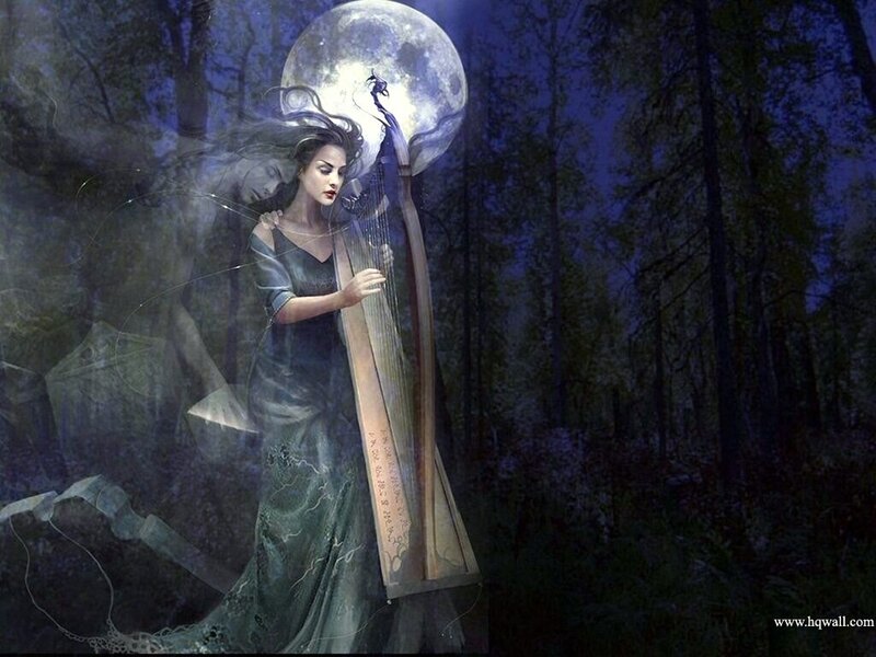 Woman Playing Harp in Forest — Blue