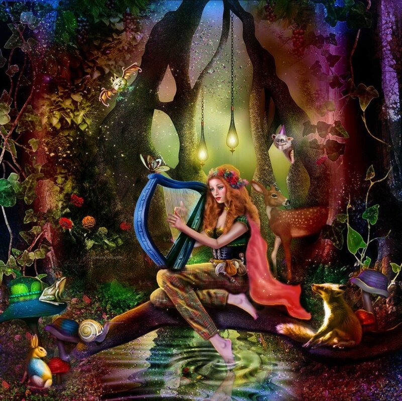 Woman Playing Harp in Forest — Green, Magical