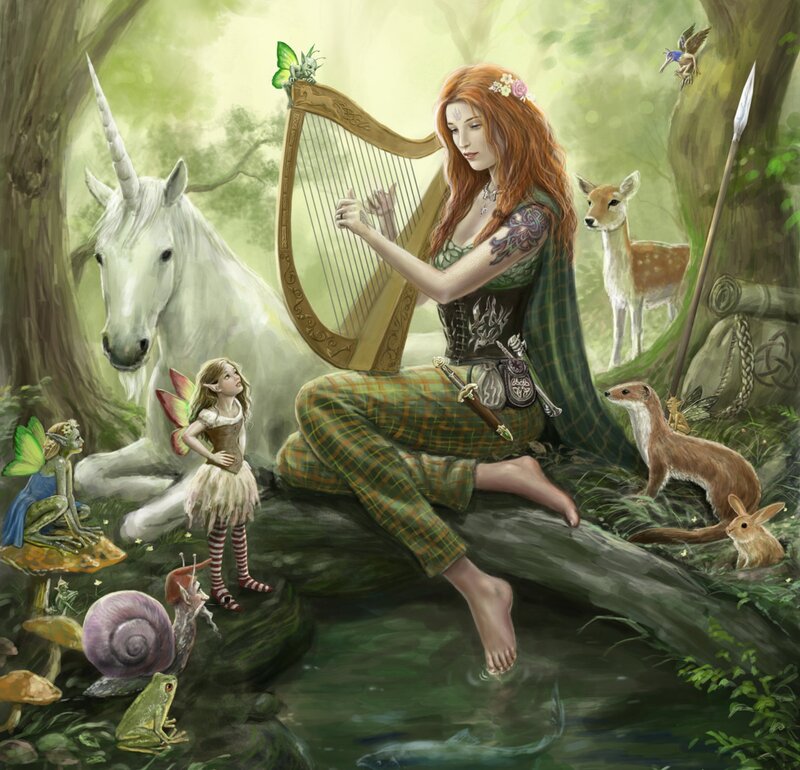 Woman Playing Harp in Forest — Green