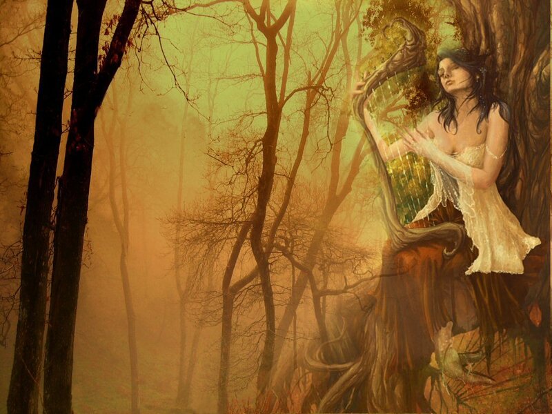 Woman Playing Harp in Forest