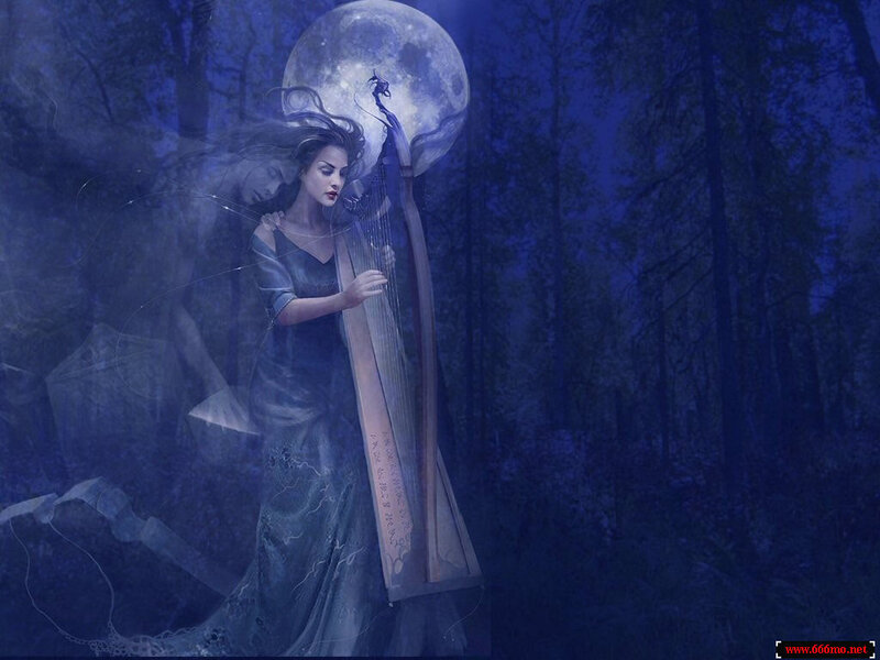 Woman playing harp in moonlit forest