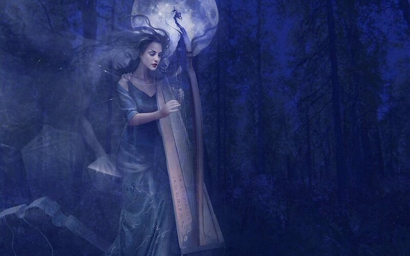 Woman playing harp in moonlit forest