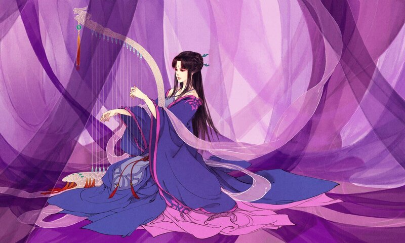 woman playing harp in purple